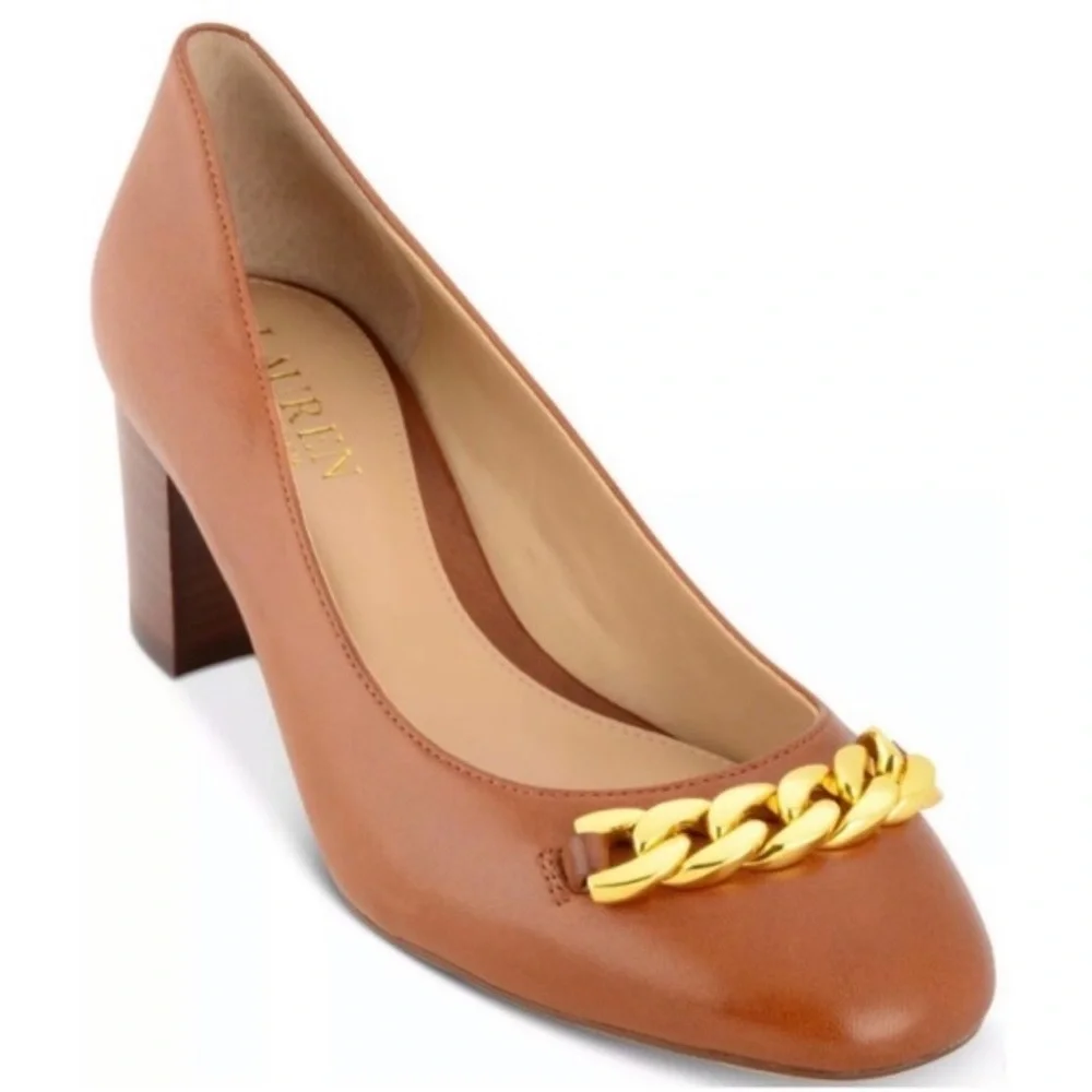 Lauren Ralph Lauren Brown Leather Pumps with Gold Chain Accent